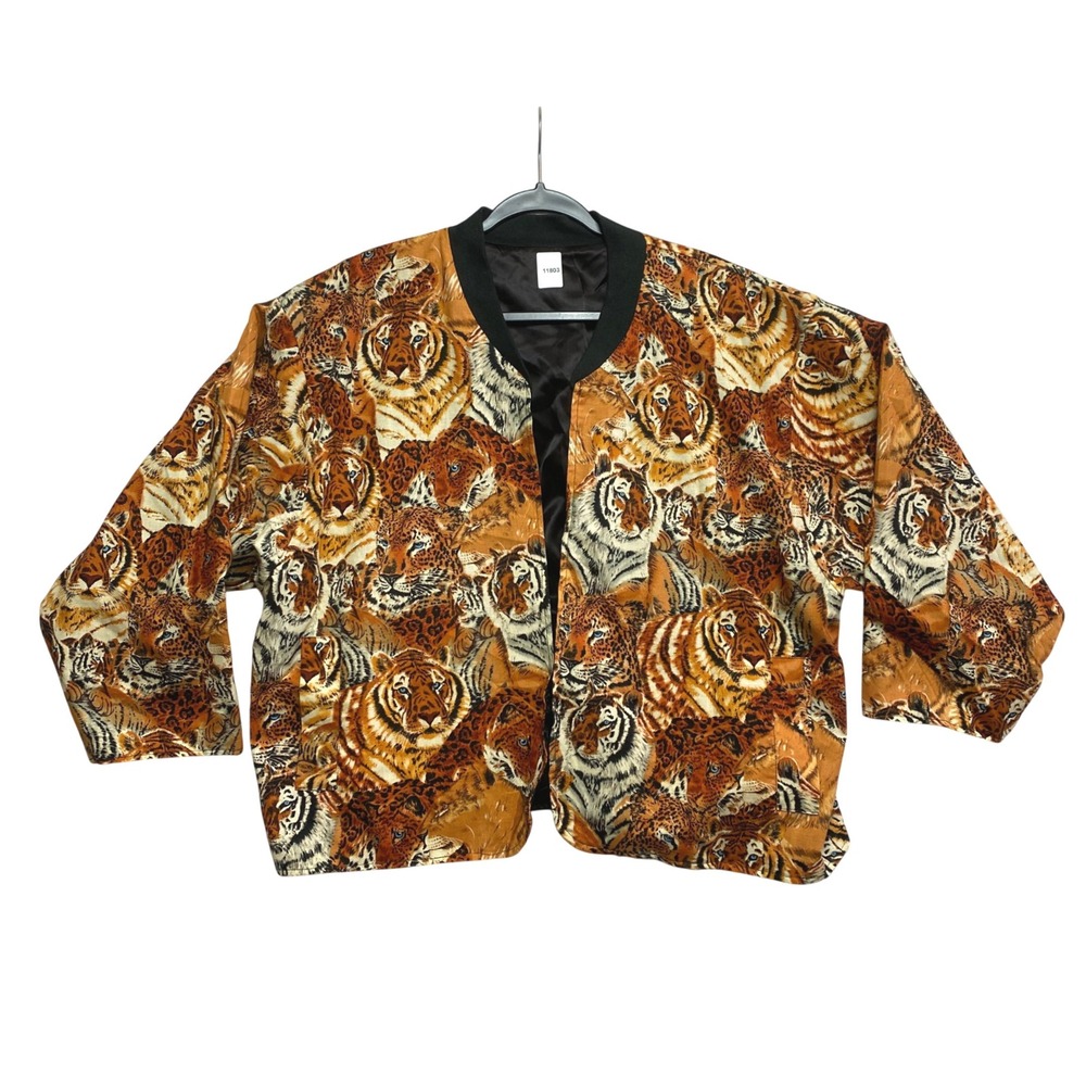 Top Line Jacket Womens XL Vintage Tiger Leopard Animal Print Orange Bomber EUC